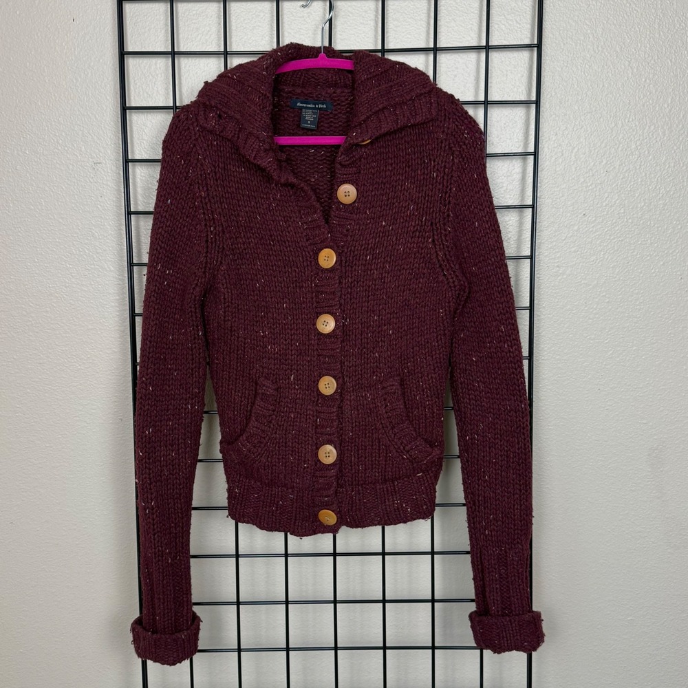 Vintage 90s Abercrombie & Fitch Cardigan Womens Small Burgundy Wool Chunky Knit